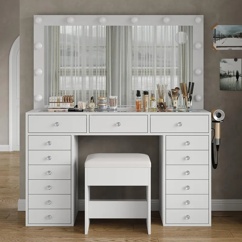 FUSOU 15 Drawers Vanity with Mirror and 12 LED Lights