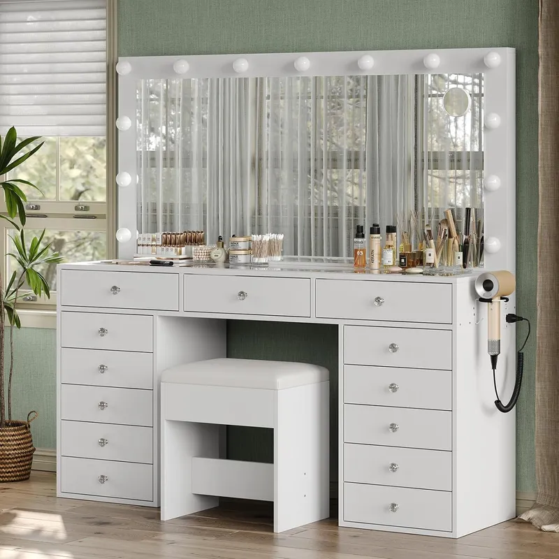 FUSOU 55” W Makeup Vanity with Power Outlet & Lighted Mirror